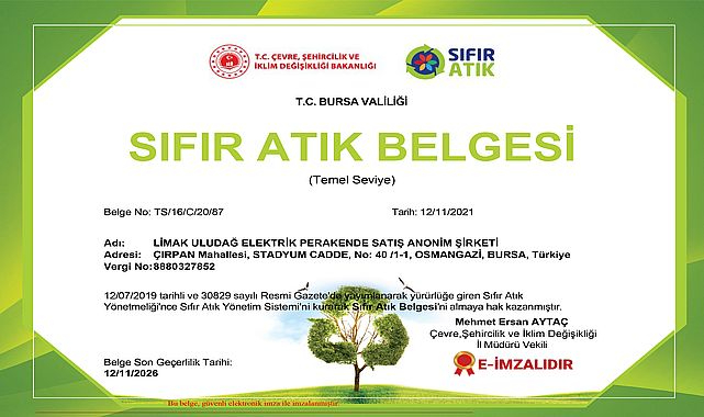 Limak Enerji Uludağ Elektrik, ‘Sıfır Atık Belgesi’ almaya hak kazandı!